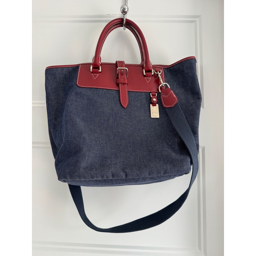Dooney & Bourke Denim Red Leather Tote Bag Made in USA Y2K Crossbody